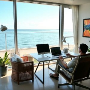 Nómada digital: oficina con vista al mar